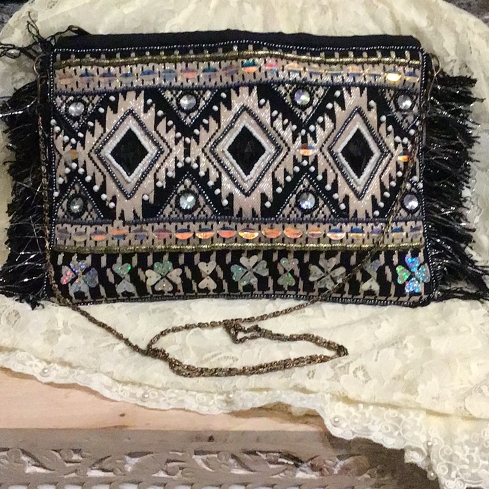 La Chic Multi Cultural Clutch/Crossbody Black w/Black & Silver Fringe-Zippered